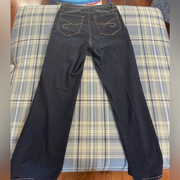 NYDJ Dark Wash Flare Rhinestone Mid-Rise Jeans - Picture 1 of 7